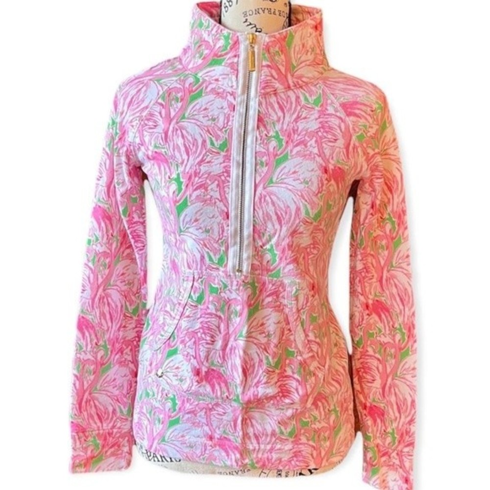Lilly Pulitzer Pink Half Zip Flamingo Track Jacket Sweater Size XXS Novelty